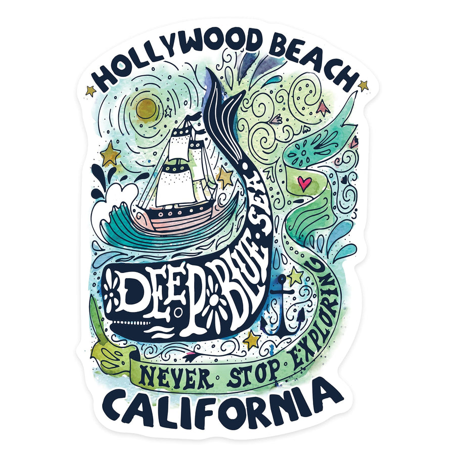 Hollywood Beach, California, Watercolor Whale, Deep Blue Sea, Nautical Art, Contour, Vinyl Sticker Sticker Lantern Press 