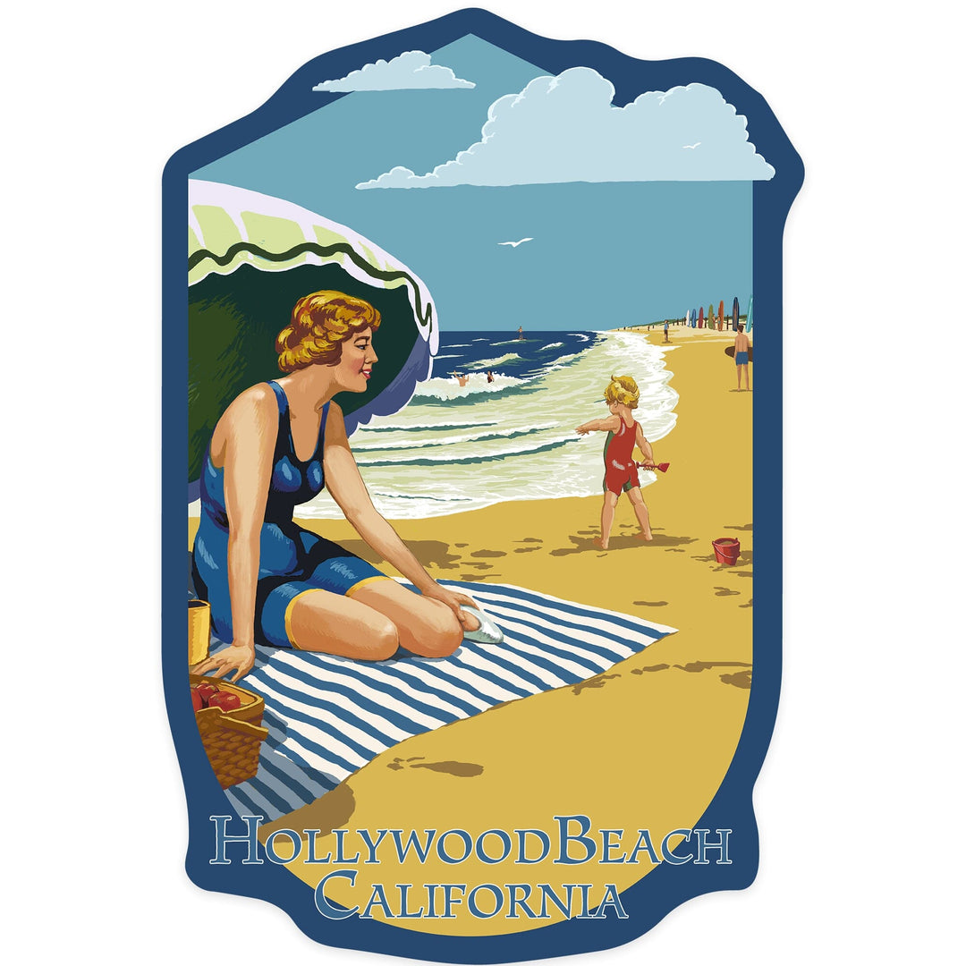 Hollywood Beach, California, Woman on the Beach, Contour, Lantern Press Artwork, Vinyl Sticker - Lantern Press