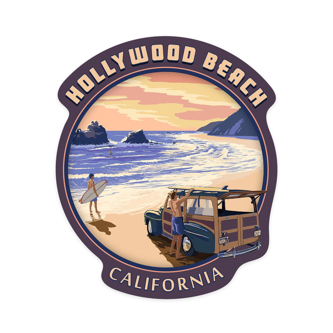 Hollywood Beach, California, Woody on Beach, Contour, Vinyl Sticker Sticker Lantern Press 