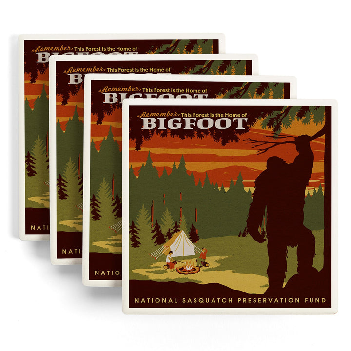 Home of Bigfoot, WPA Style, Lantern Press Artwork, Coaster Set - Lantern Press