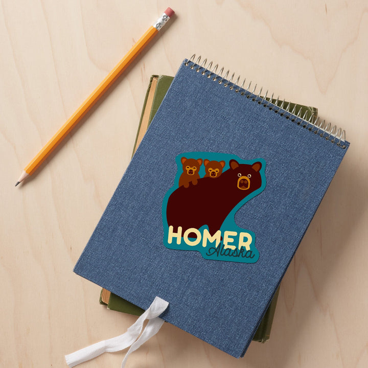 Homer, Alaska, Bear and Cubs, Geometric, Contour, Vinyl Sticker Sticker Lantern Press 