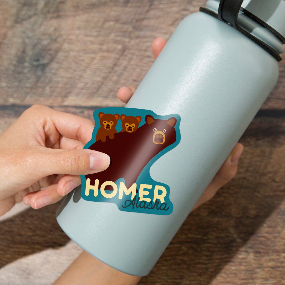 Homer, Alaska, Bear and Cubs, Geometric, Contour, Vinyl Sticker Sticker Lantern Press 