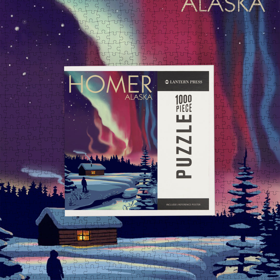 Homer, Alaska, Northern Lights and Cabin, Jigsaw Puzzle Puzzle Lantern Press 