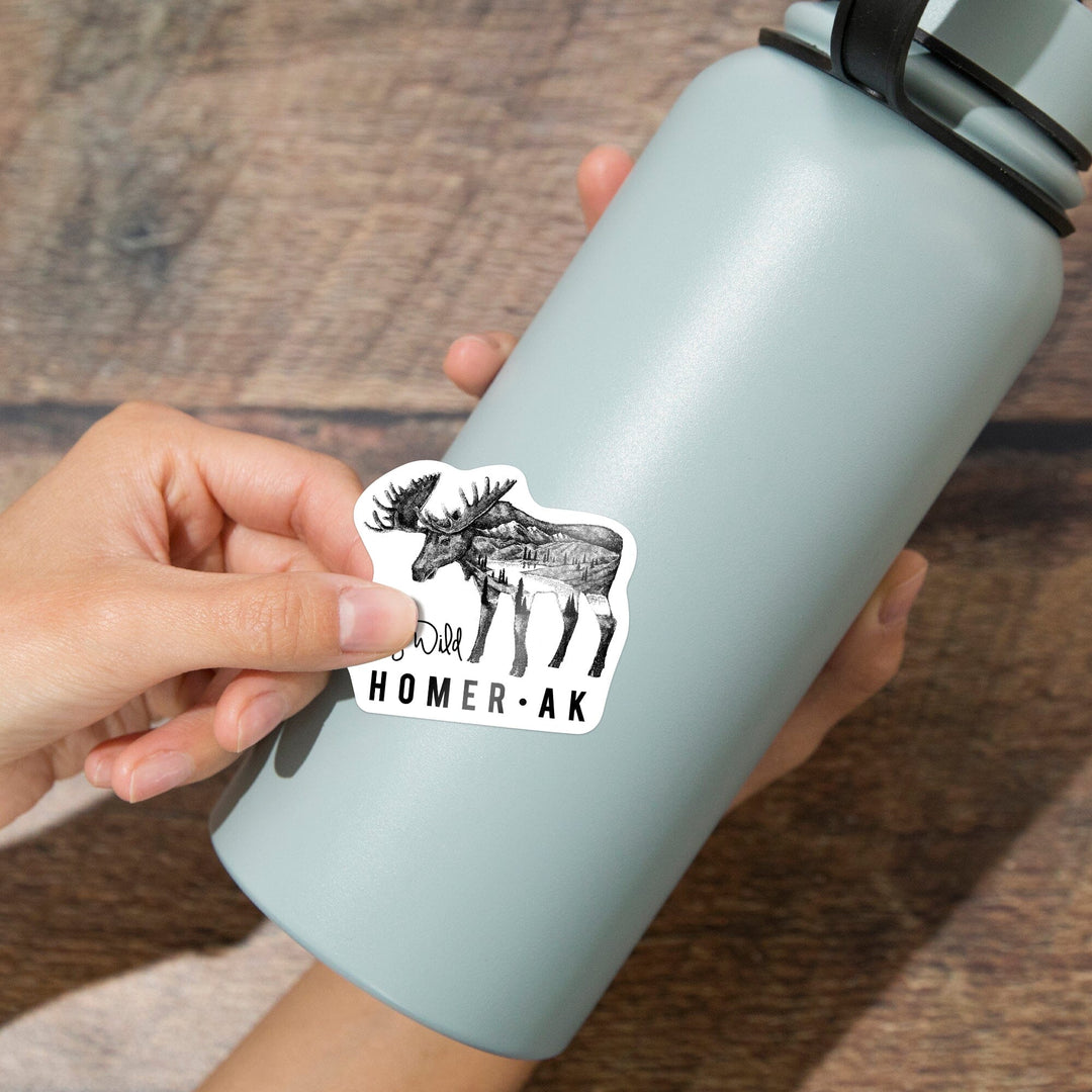 Homer, Alaska, Stay Wild, Moose and Mountains, Double Exposure, Contour, Vinyl Sticker Sticker Lantern Press 