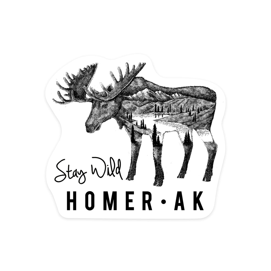 Homer, Alaska, Stay Wild, Moose and Mountains, Double Exposure, Contour, Vinyl Sticker Sticker Lantern Press 