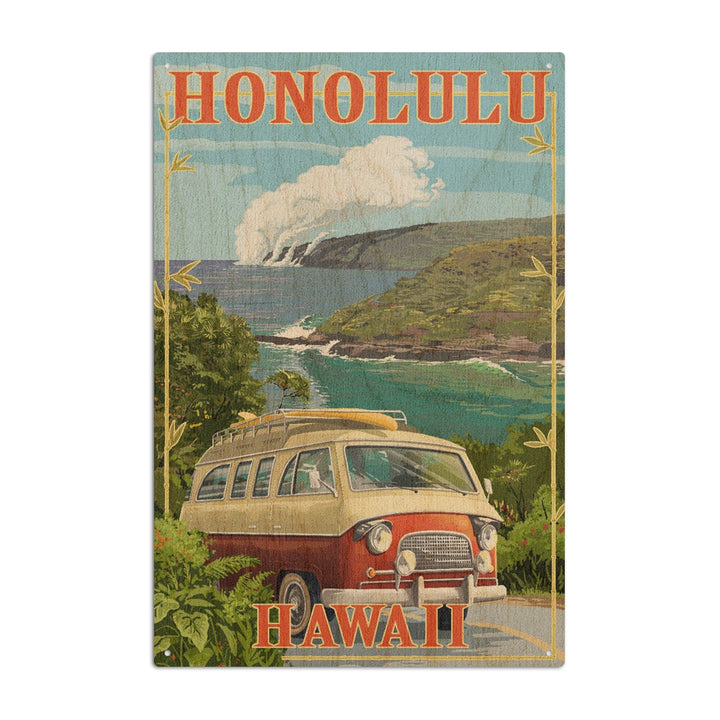 Honolulu, Hawaii, Camper Van, Lantern Press Artwork, Wood Signs and Postcards Wood Lantern Press 10 x 15 Wood Sign 