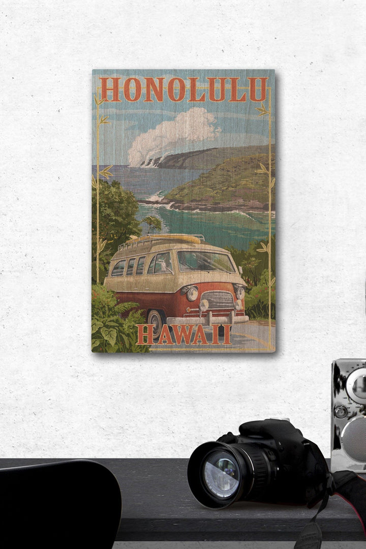Honolulu, Hawaii, Camper Van, Lantern Press Artwork, Wood Signs and Postcards Wood Lantern Press 12 x 18 Wood Gallery Print 