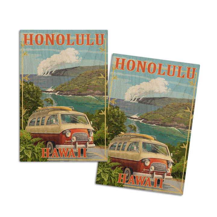 Honolulu, Hawaii, Camper Van, Lantern Press Artwork, Wood Signs and Postcards Wood Lantern Press 4x6 Wood Postcard Set 