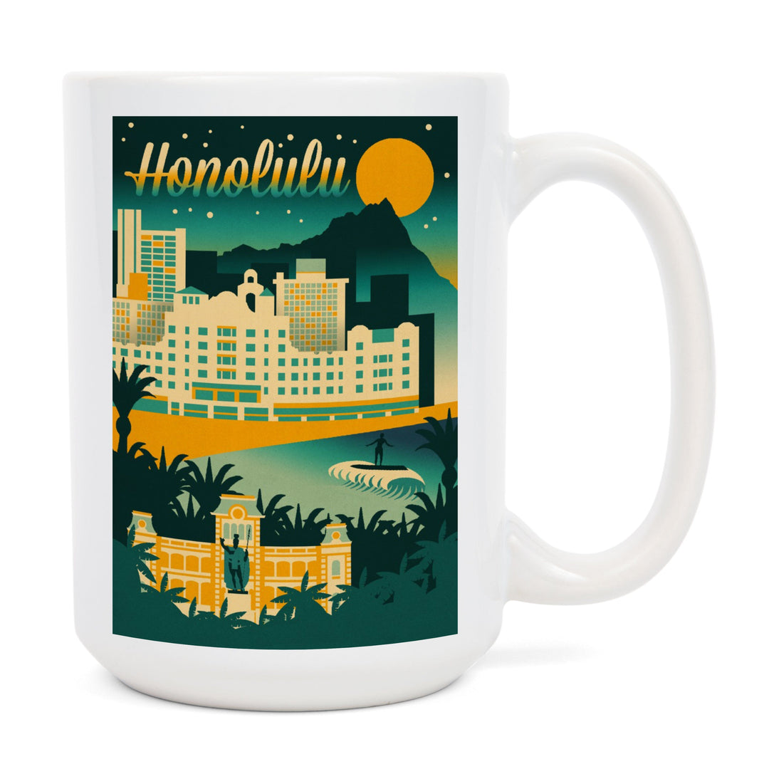 Honolulu, Hawaii, Retro Skyline Chromatic Series, Lantern Press Artwork, Ceramic Mug Mugs Lantern Press 