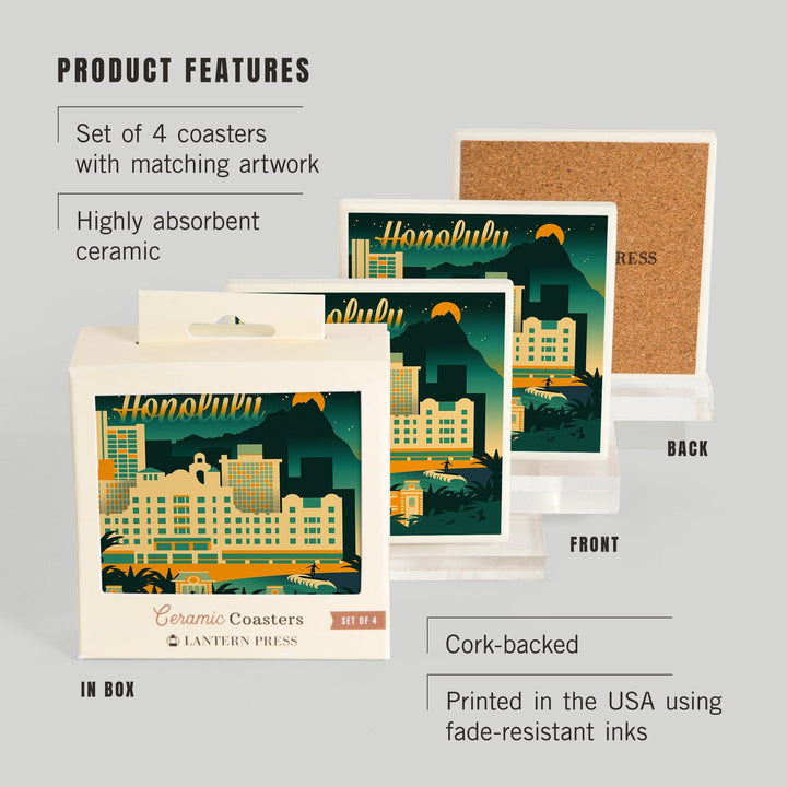 Honolulu, Hawaii, Retro Skyline Chromatic Series, Lantern Press Artwork, Coaster Set - Lantern Press