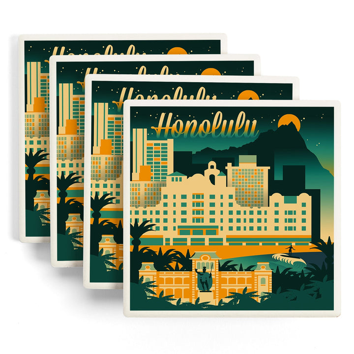 Honolulu, Hawaii, Retro Skyline Chromatic Series, Lantern Press Artwork, Coaster Set - Lantern Press