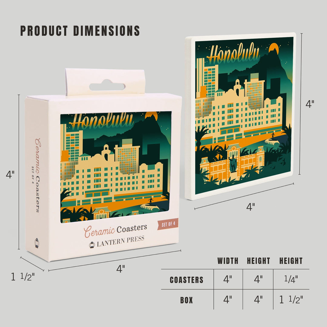 Honolulu, Hawaii, Retro Skyline Chromatic Series, Lantern Press Artwork, Coaster Set - Lantern Press