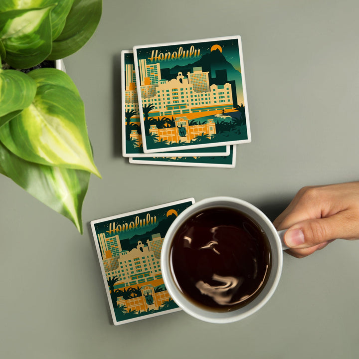 Honolulu, Hawaii, Retro Skyline Chromatic Series, Lantern Press Artwork, Coaster Set - Lantern Press