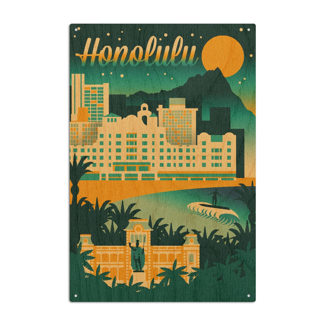 Honolulu, Hawaii, Retro Skyline Chromatic Series, Lantern Press Artwork, Wood Signs and Postcards Wood Lantern Press 10 x 15 Wood Sign 