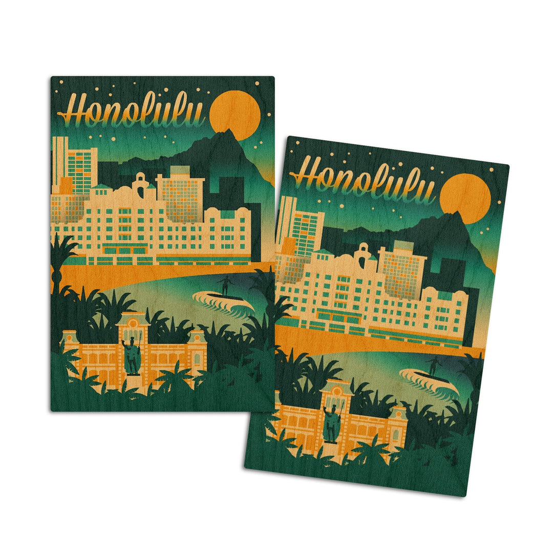 Honolulu, Hawaii, Retro Skyline Chromatic Series, Lantern Press Artwork, Wood Signs and Postcards Wood Lantern Press 4x6 Wood Postcard Set 