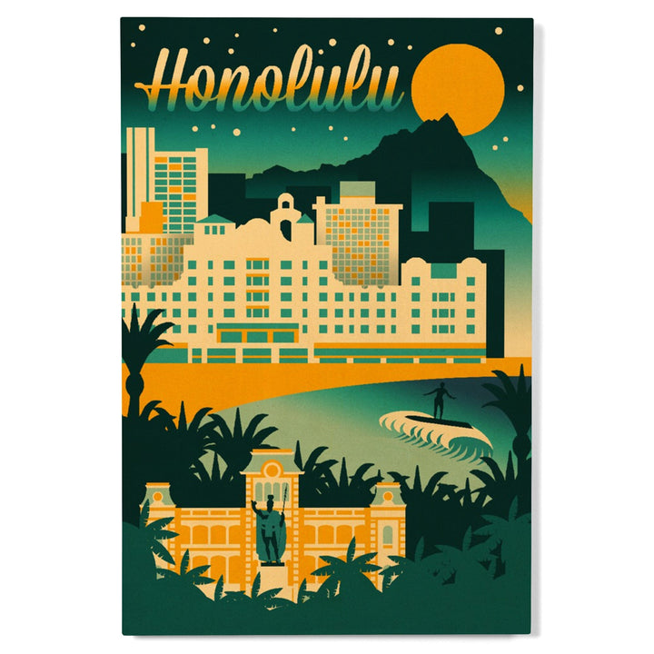 Honolulu, Hawaii, Retro Skyline Chromatic Series, Lantern Press Artwork, Wood Signs and Postcards - Lantern Press