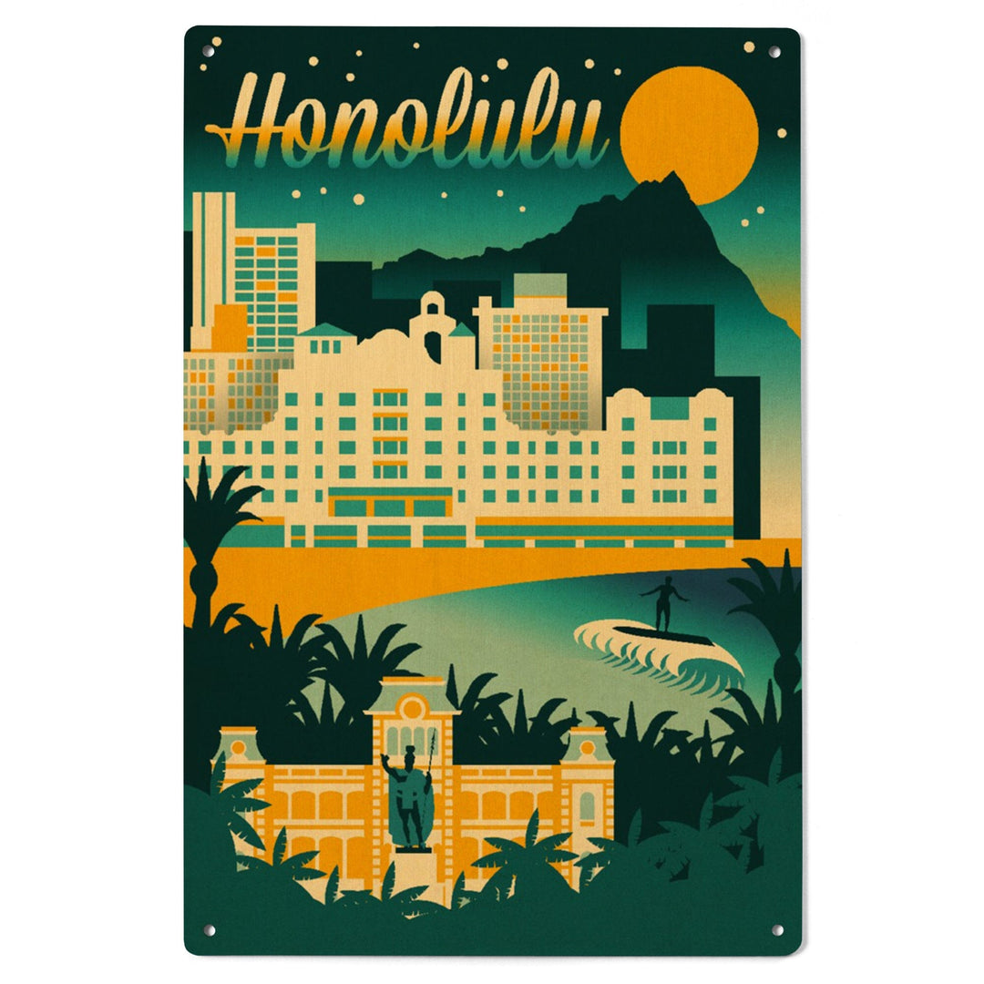 Honolulu, Hawaii, Retro Skyline Chromatic Series, Lantern Press Artwork, Wood Signs and Postcards Wood Lantern Press 