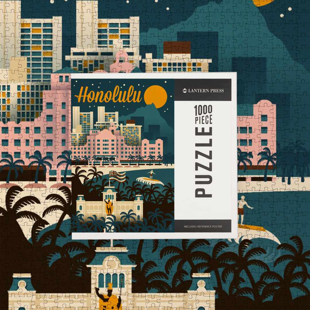 Honolulu, Hawaii, Retro Skyline, Jigsaw Puzzle Puzzle Lantern Press 