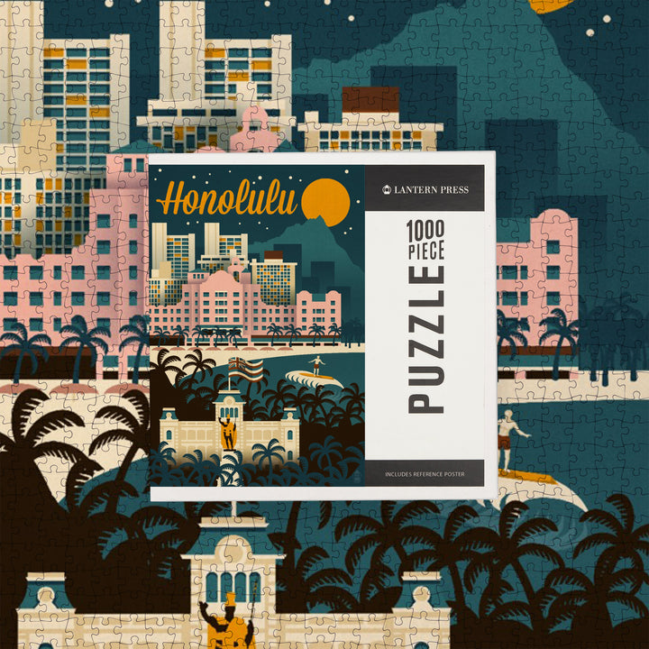 Honolulu, Hawaii, Retro Skyline, Jigsaw Puzzle Puzzle Lantern Press 