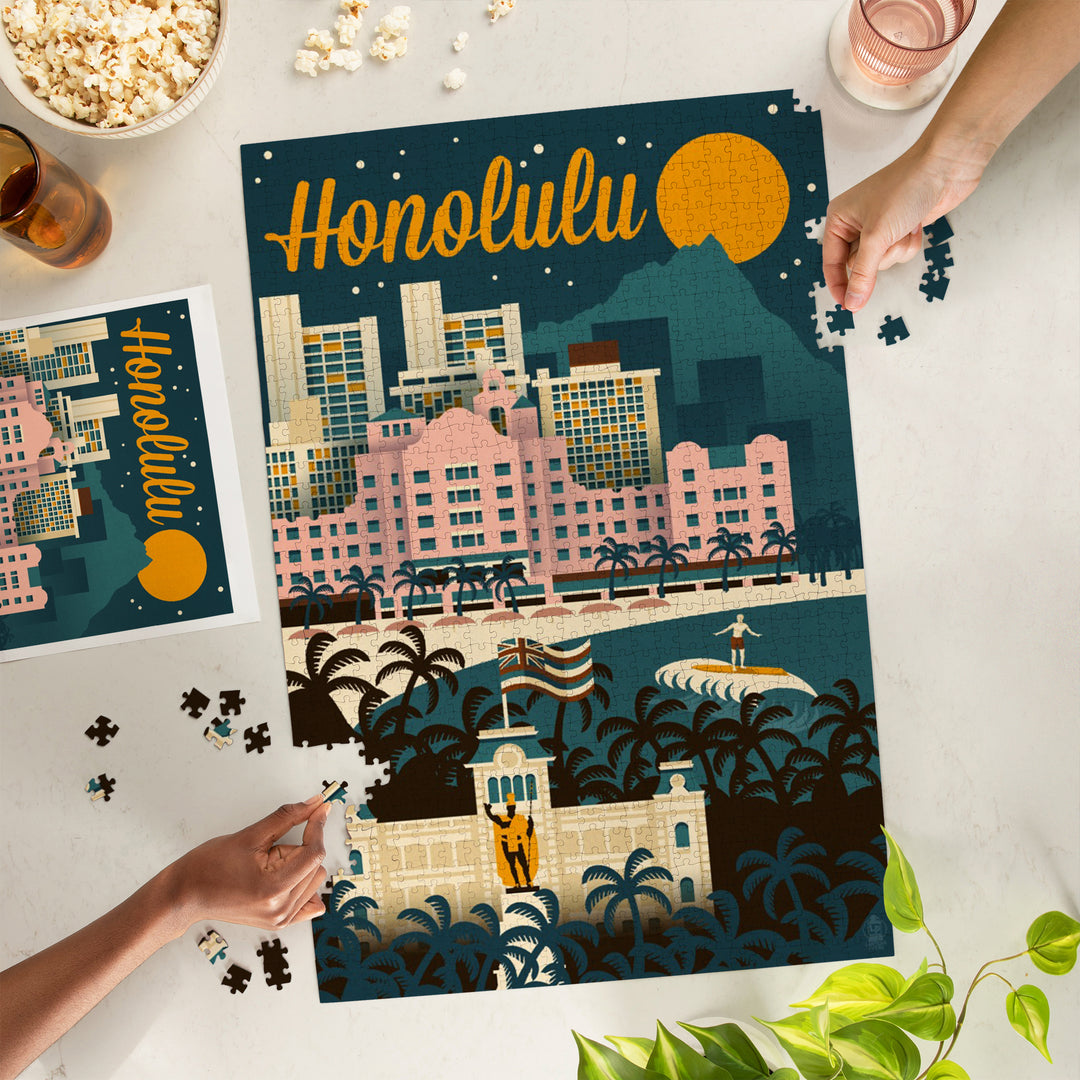 Honolulu, Hawaii, Retro Skyline, Jigsaw Puzzle Puzzle Lantern Press 