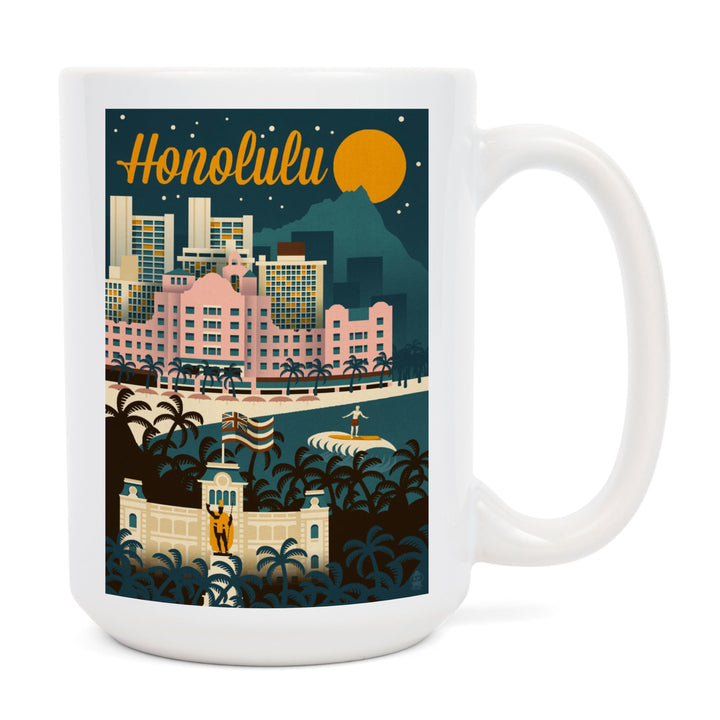 Honolulu, Hawaii, Retro Skyline, Lantern Press Artwork, Ceramic Mug Mugs Lantern Press 