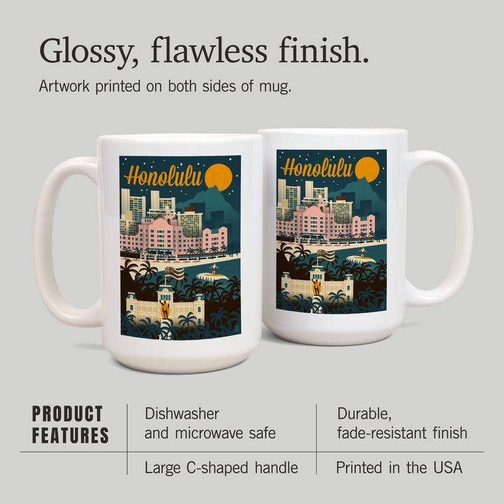 Honolulu, Hawaii, Retro Skyline, Lantern Press Artwork, Ceramic Mug Mugs Lantern Press 