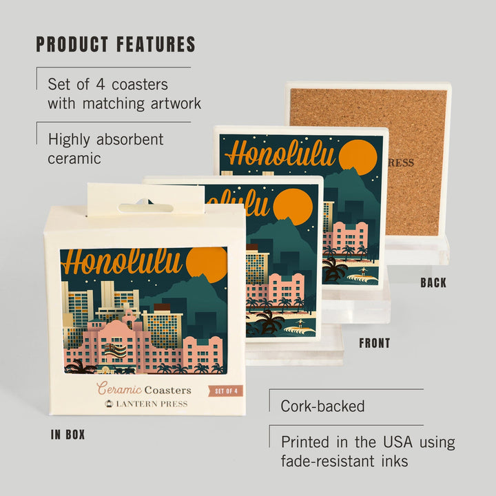 Honolulu, Hawaii, Retro Skyline, Lantern Press Artwork, Coaster Set - Lantern Press