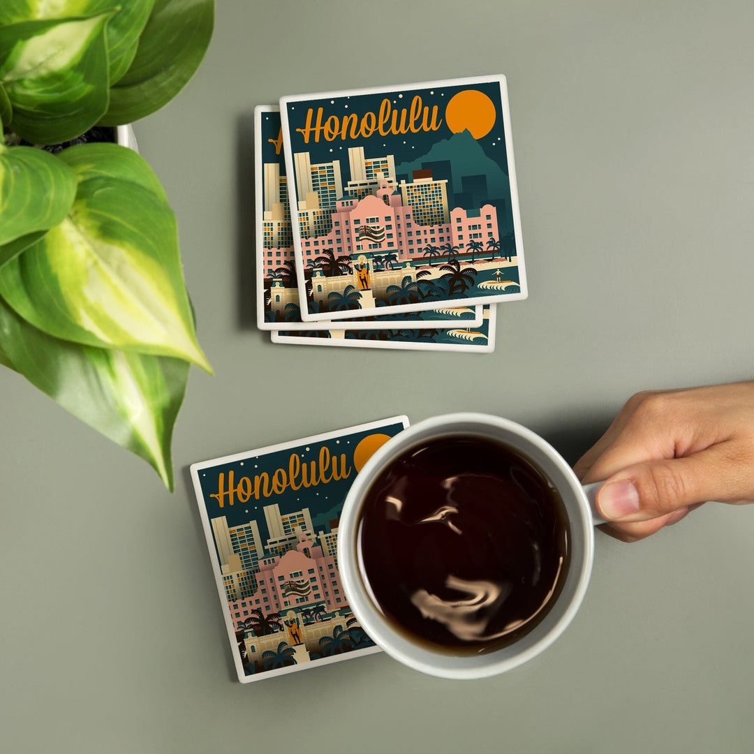 Honolulu, Hawaii, Retro Skyline, Lantern Press Artwork, Coaster Set - Lantern Press