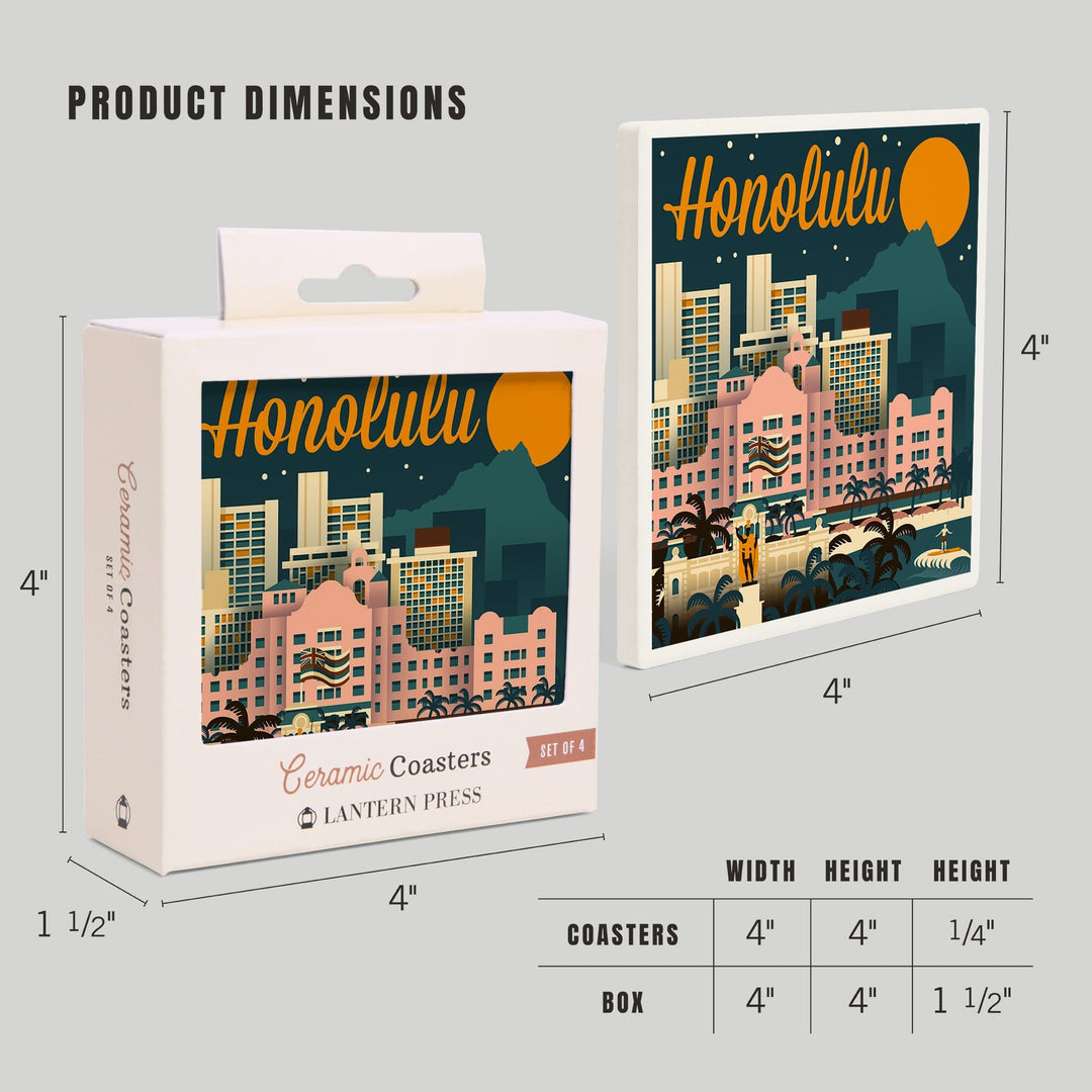 Honolulu, Hawaii, Retro Skyline, Lantern Press Artwork, Coaster Set - Lantern Press