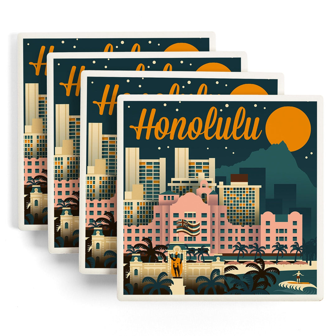 Honolulu, Hawaii, Retro Skyline, Lantern Press Artwork, Coaster Set - Lantern Press