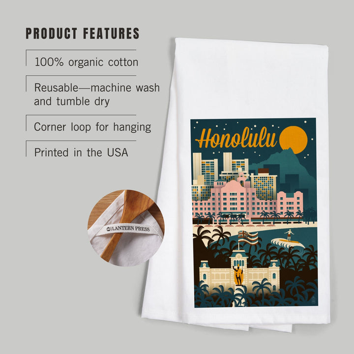 Honolulu, Hawaii, Retro Skyline, Organic Cotton Kitchen Tea Towels Kitchen Lantern Press 