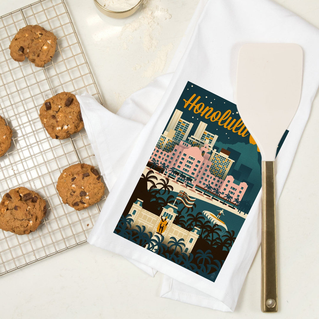 Honolulu, Hawaii, Retro Skyline, Organic Cotton Kitchen Tea Towels Kitchen Lantern Press 