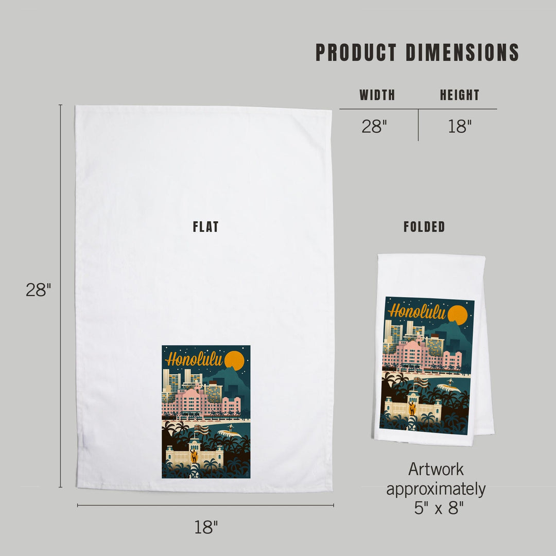 Honolulu, Hawaii, Retro Skyline, Organic Cotton Kitchen Tea Towels Kitchen Lantern Press 