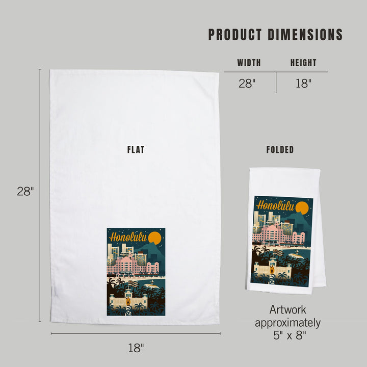 Honolulu, Hawaii, Retro Skyline, Organic Cotton Kitchen Tea Towels Kitchen Lantern Press 