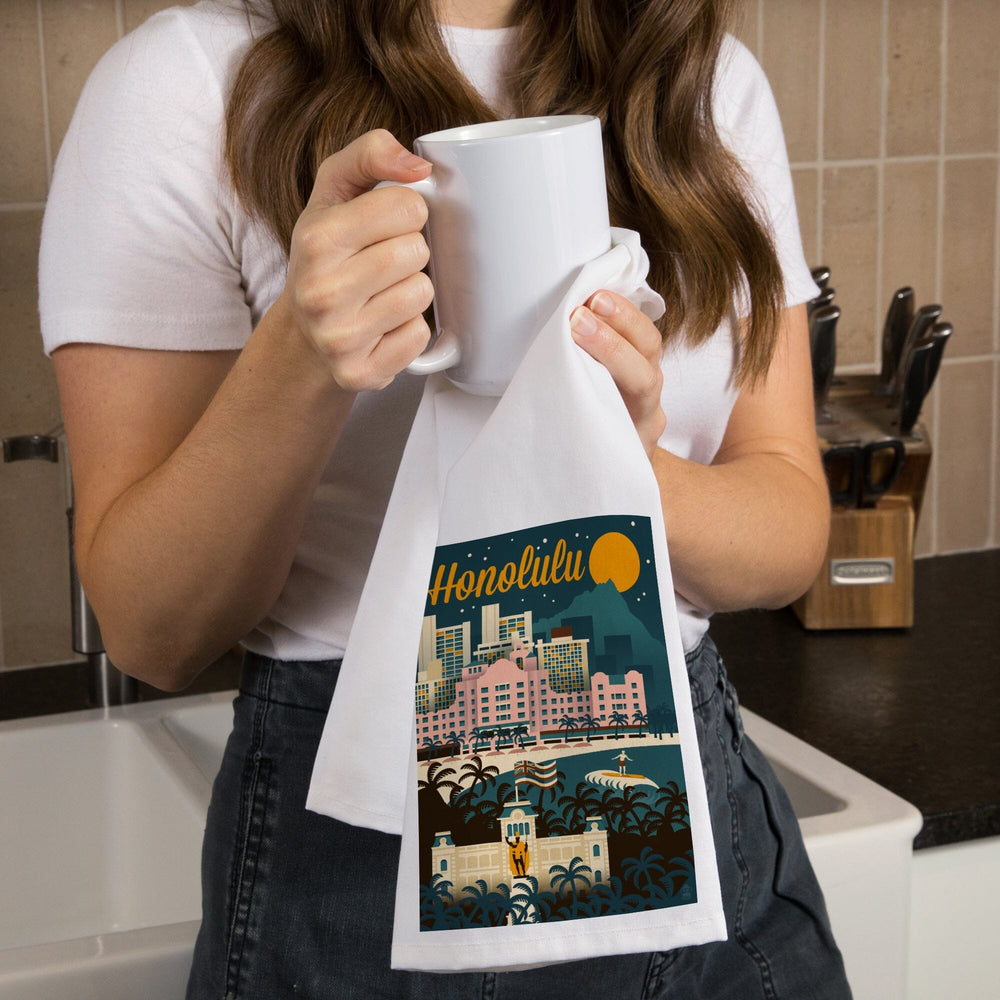 Honolulu, Hawaii, Retro Skyline, Organic Cotton Kitchen Tea Towels Kitchen Lantern Press 
