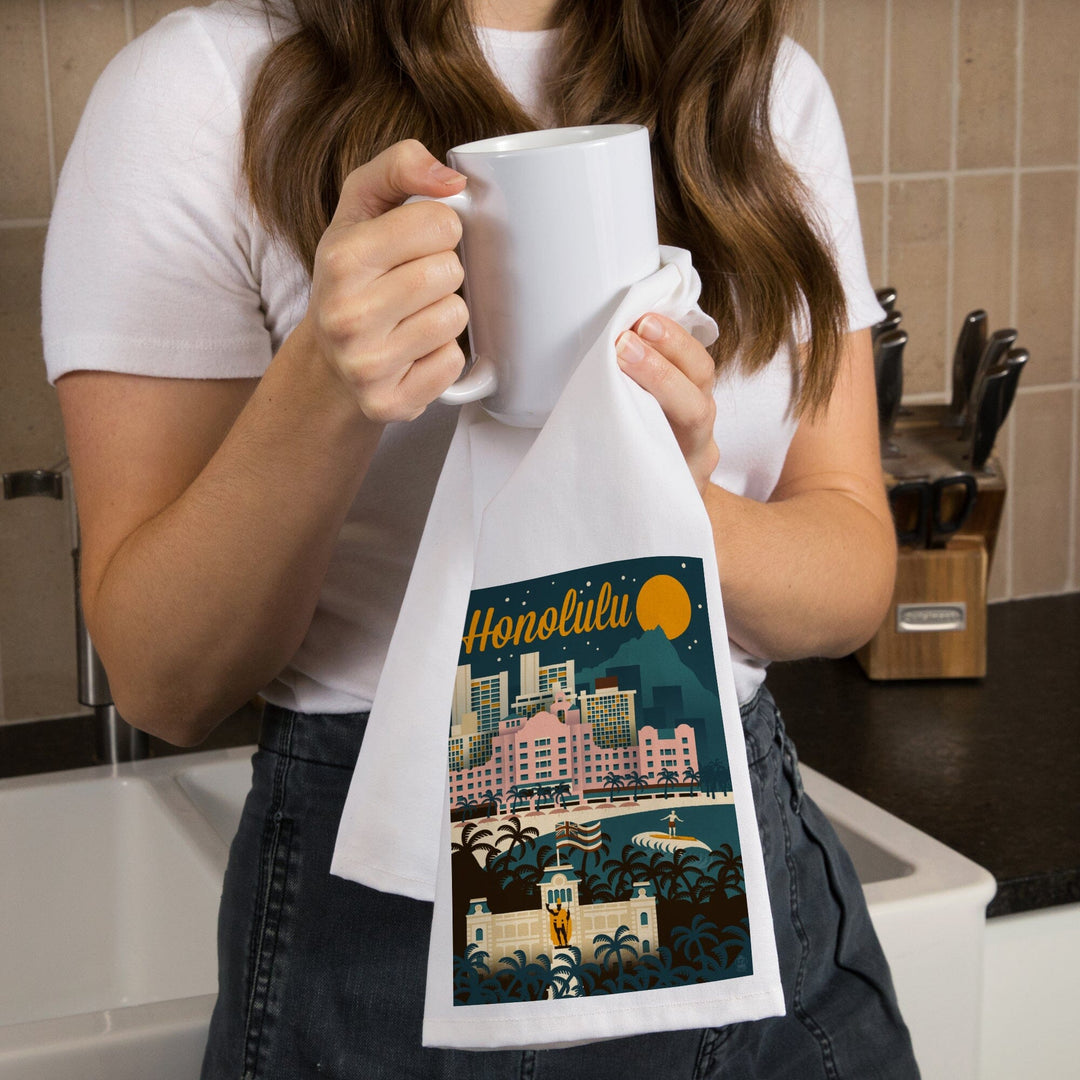 Honolulu, Hawaii, Retro Skyline, Organic Cotton Kitchen Tea Towels Kitchen Lantern Press 