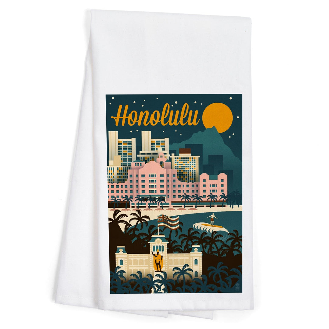 Honolulu, Hawaii, Retro Skyline, Organic Cotton Kitchen Tea Towels Kitchen Lantern Press 