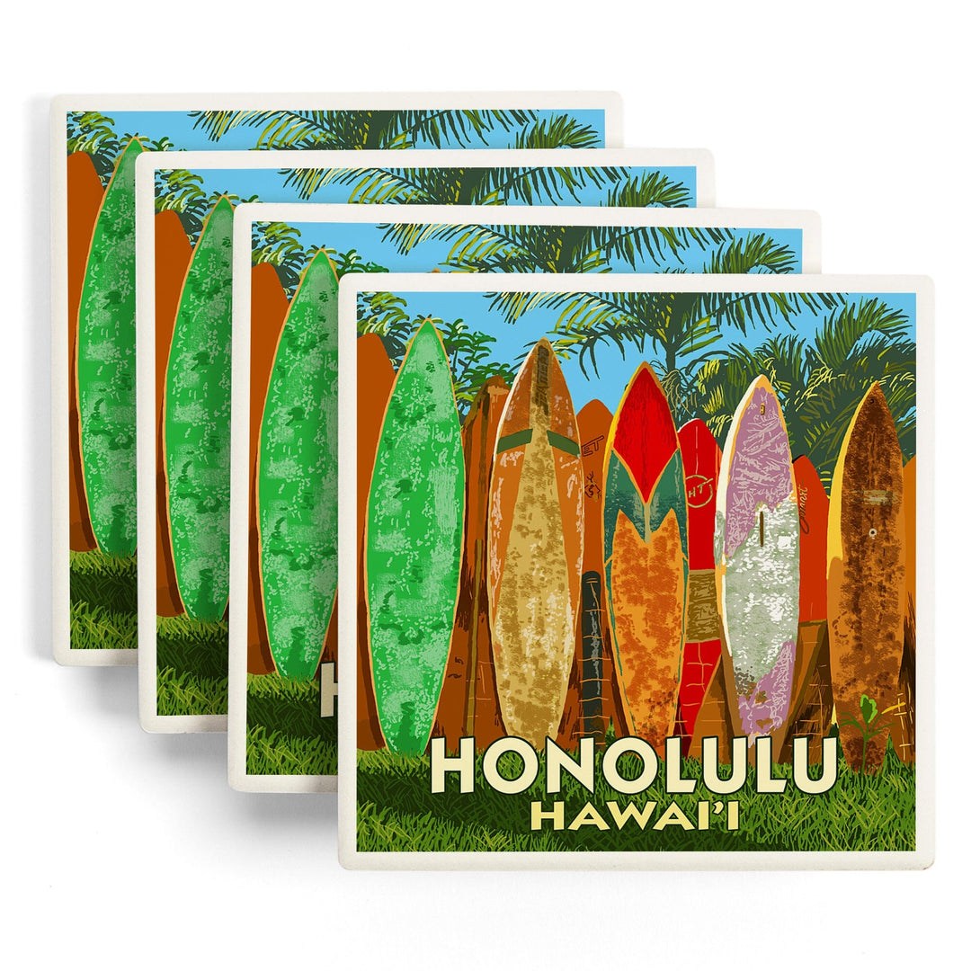 Honolulu, Hawaii, Surfboard Fence, Lantern Press Artwork, Coaster Set - Lantern Press