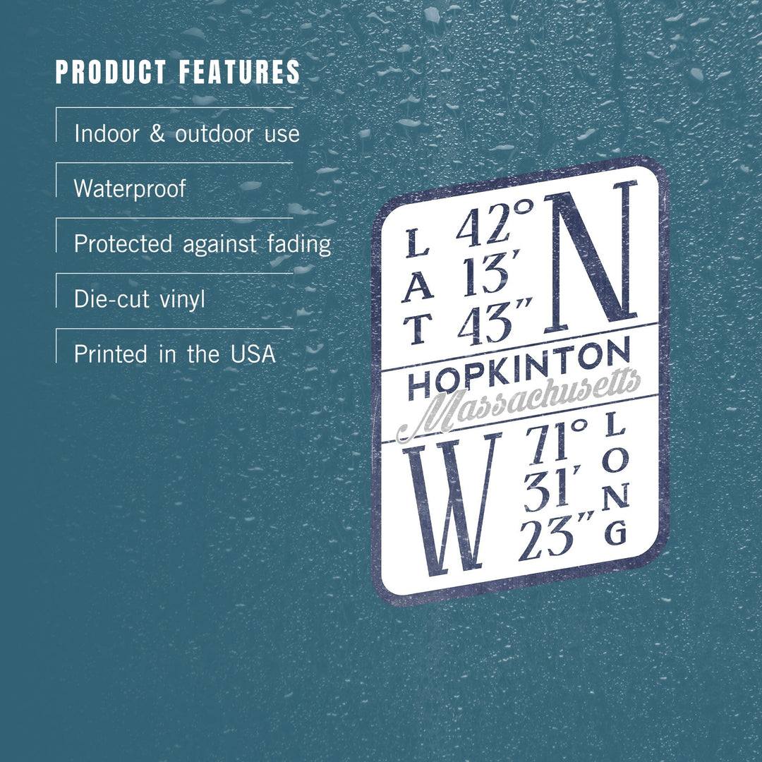 Hopkinton, Massachusetts, Latitude and Longitude, Contour, Vinyl Sticker - Lantern Press