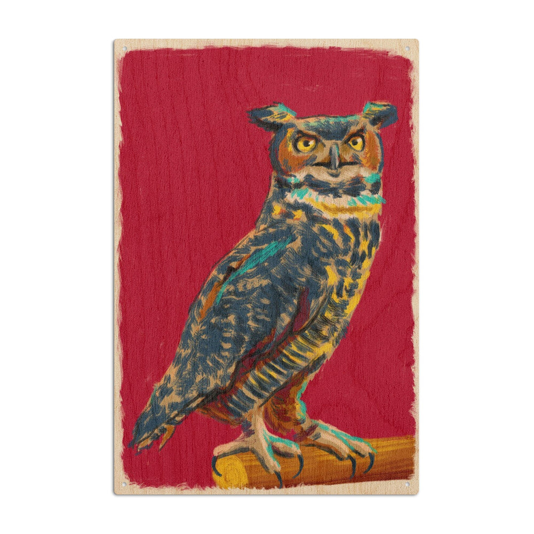 Horned Owl, Vivid Style, Lantern Press Artwork, Wood Signs and Postcards Wood Lantern Press 10 x 15 Wood Sign 