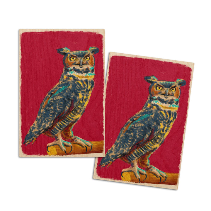 Horned Owl, Vivid Style, Lantern Press Artwork, Wood Signs and Postcards Wood Lantern Press 4x6 Wood Postcard Set 