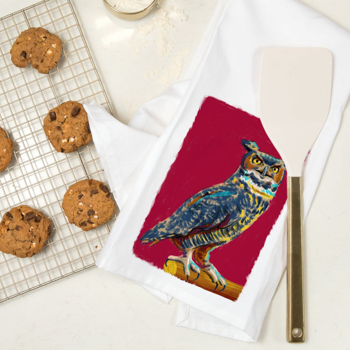 Horned Owl, Vivid Style, Organic Cotton Kitchen Tea Towels Kitchen Lantern Press 
