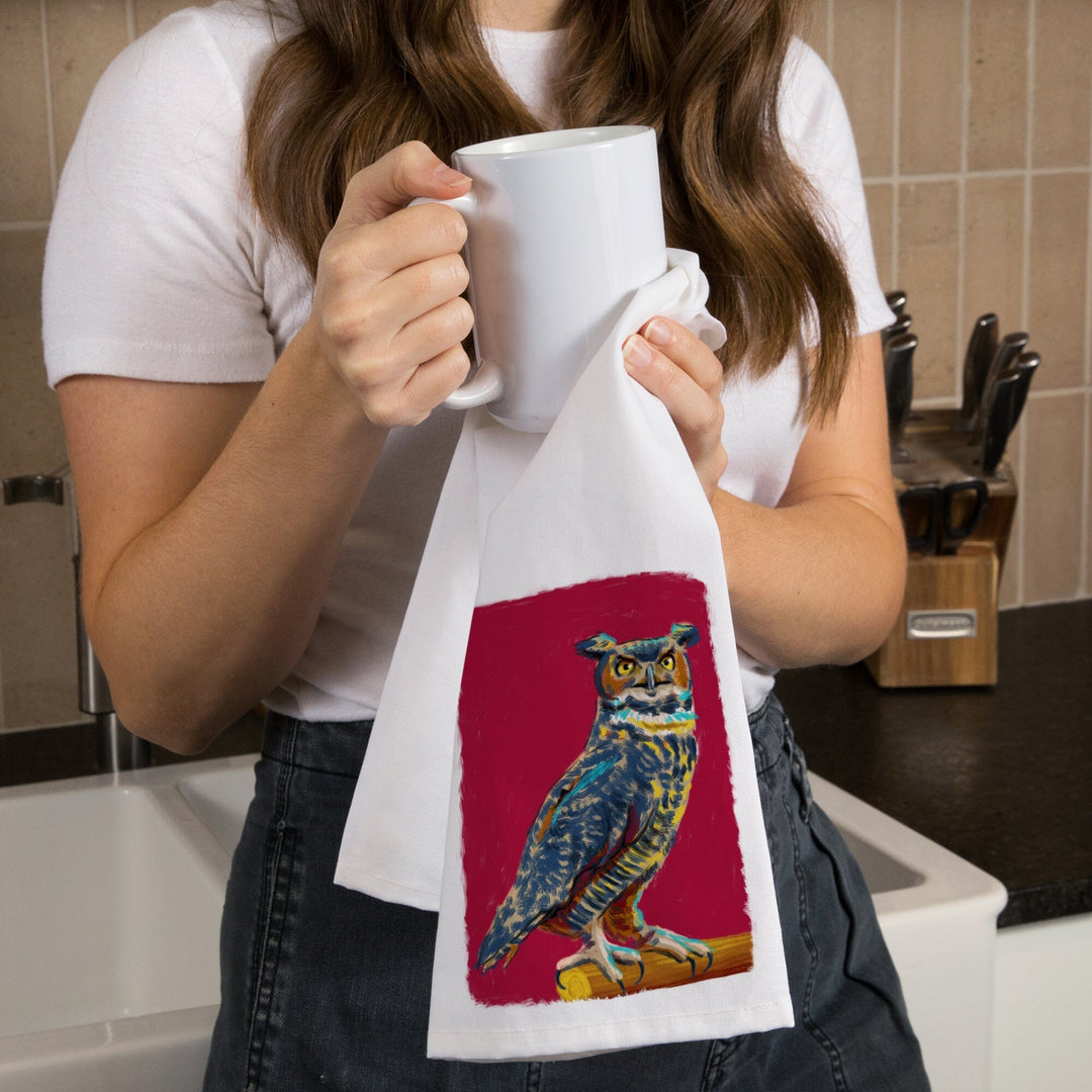 Horned Owl, Vivid Style, Organic Cotton Kitchen Tea Towels Kitchen Lantern Press 