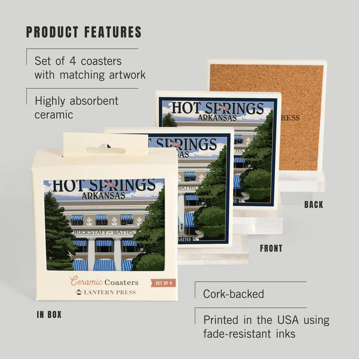 Hot Springs National Park, Arkansas, Buckstaff Bathhouse, Lantern Press Artwork, Coaster Set - Lantern Press