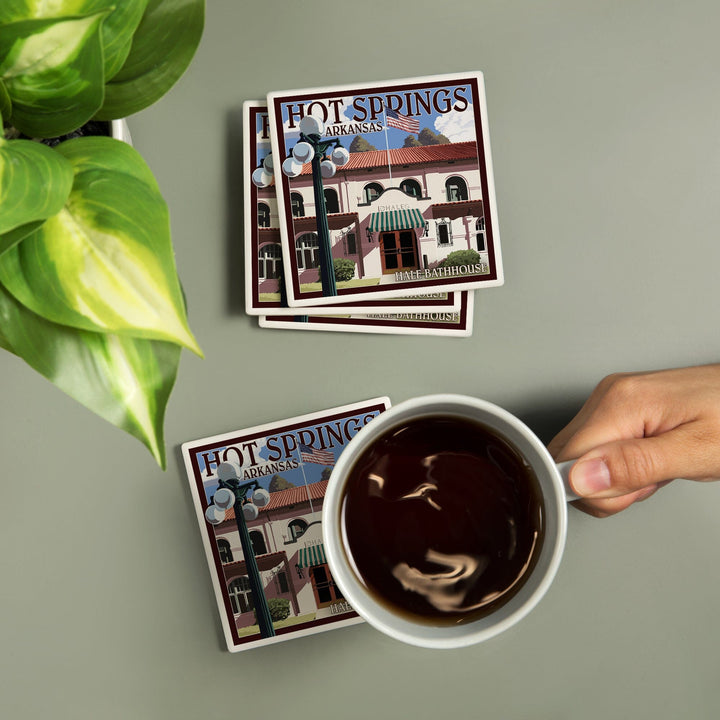 Hot Springs National Park, Arkansas, Hale Bathhouse, Lantern Press Artwork, Coaster Set - Lantern Press