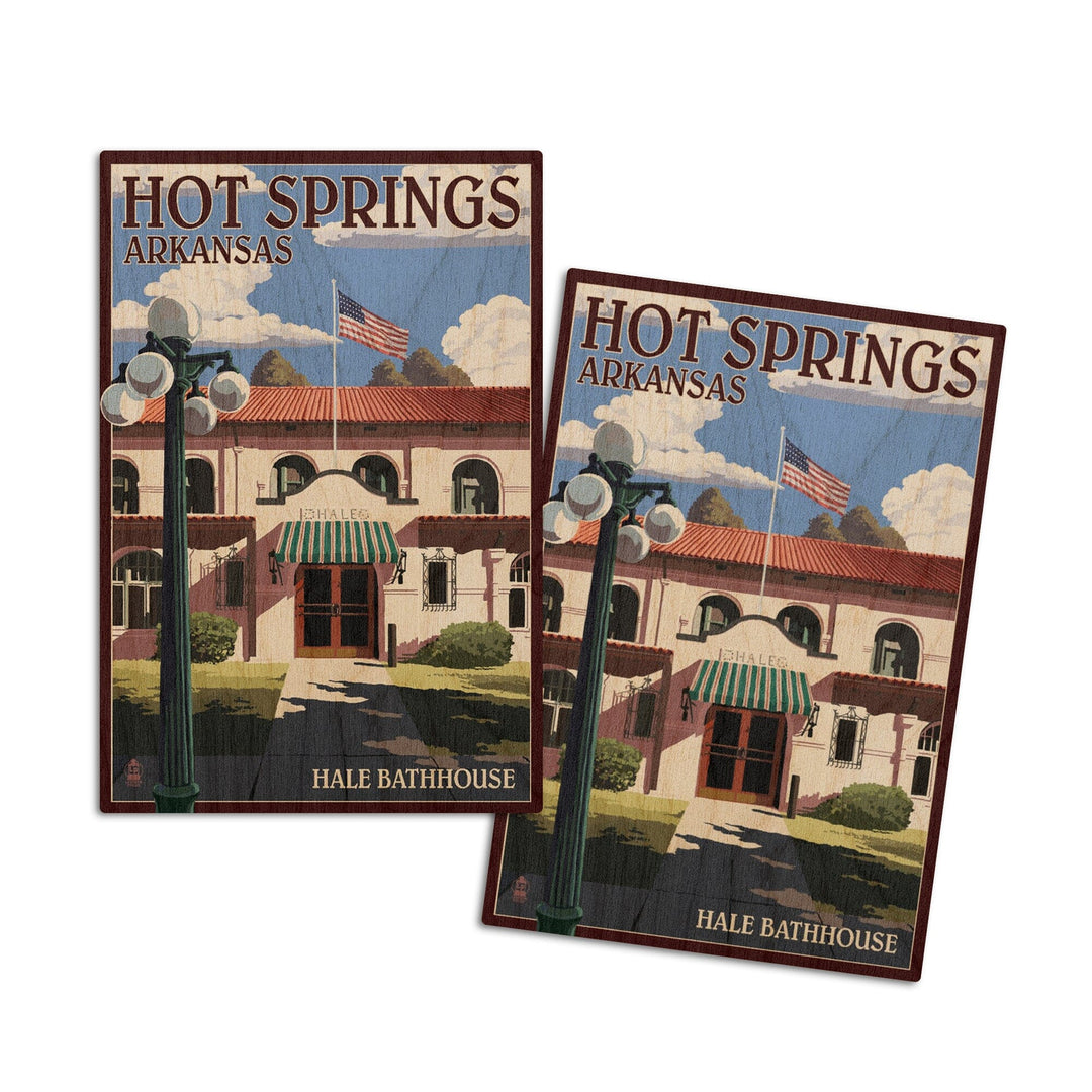 Hot Springs National Park, Arkansas, Hale Bathhouse, Lantern Press Artwork, Wood Signs and Postcards Wood Lantern Press 4x6 Wood Postcard Set 