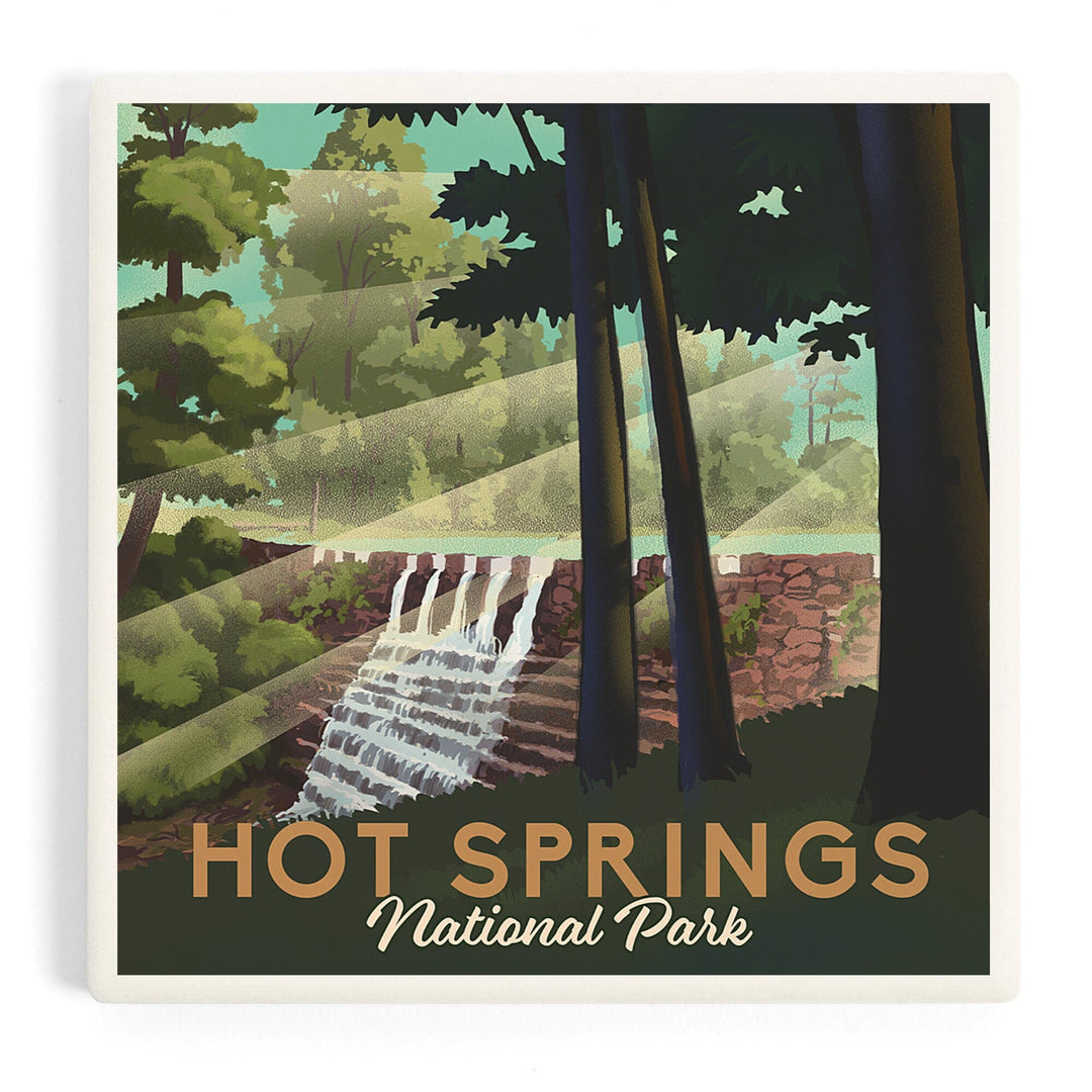 Hot Springs National Park, Arkansas, Lithograph National Park Series, Coasters Coasters Lantern Press Coaster 