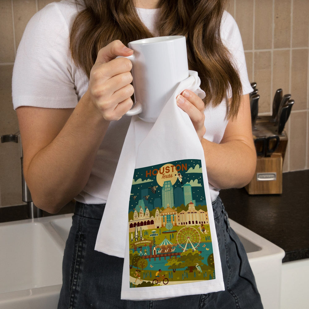 Houston, Texas, Geometric City Series, Organic Cotton Kitchen Tea Towels Kitchen Lantern Press 