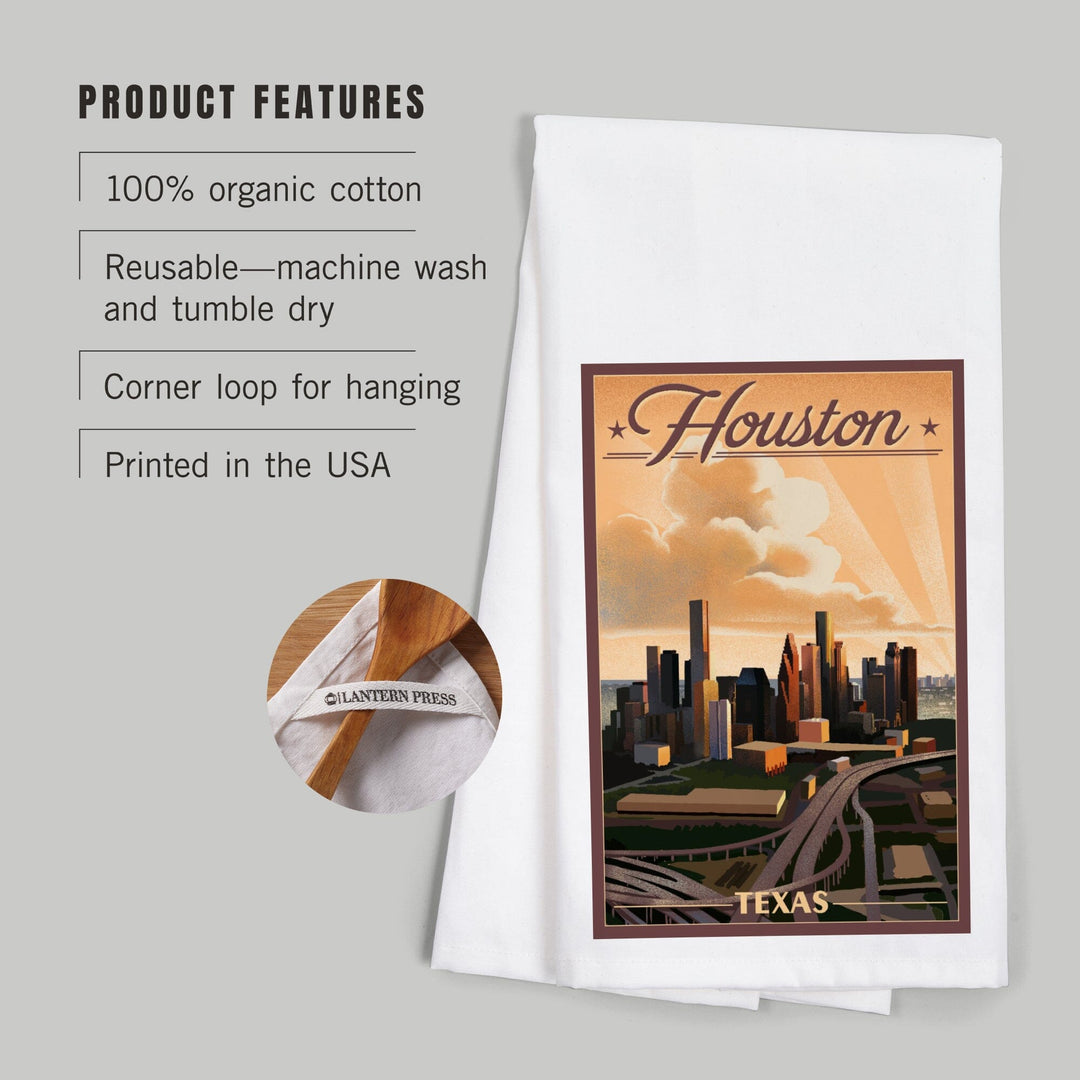 Houston, Texas, Lithograph, Organic Cotton Kitchen Tea Towels Kitchen Lantern Press 