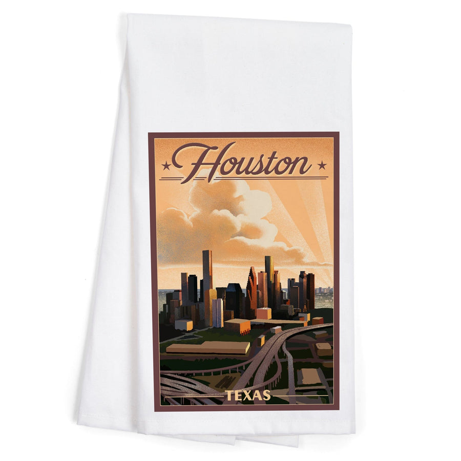 Houston, Texas, Lithograph, Organic Cotton Kitchen Tea Towels Kitchen Lantern Press 